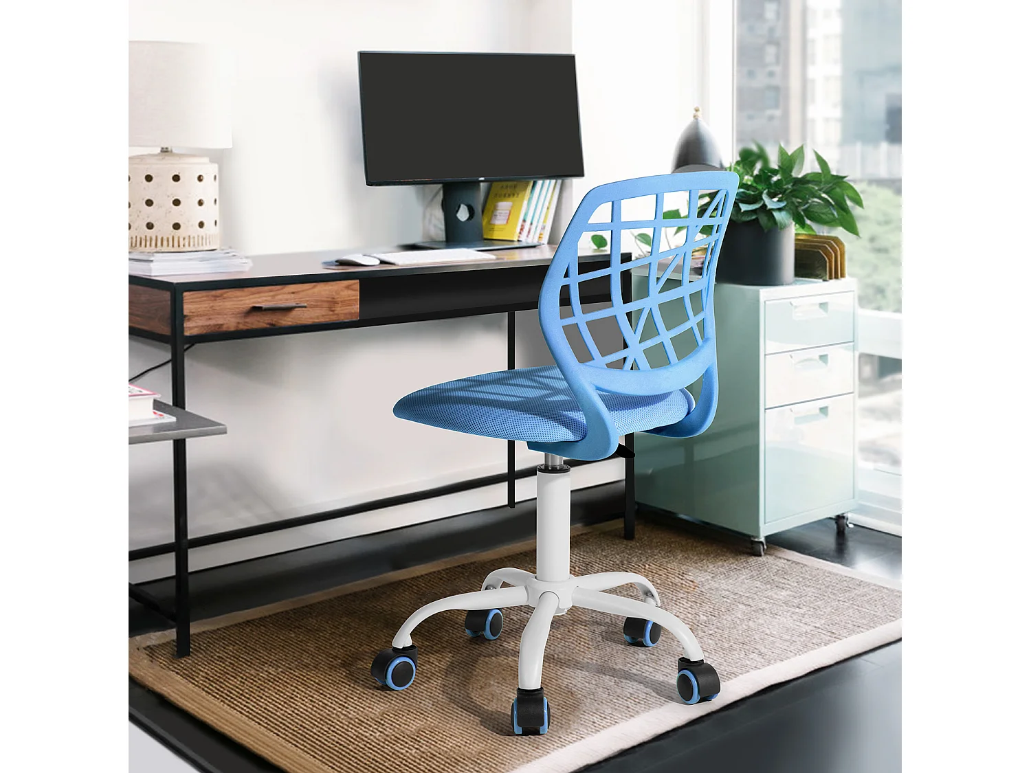 URBAN MEUBLE Chaise de Bureau Chaise de Bureau Hauteur Réglable Siège Pivotant en Tissu Chaise de Travail Ergonomique sans Accoudoir, Bleu