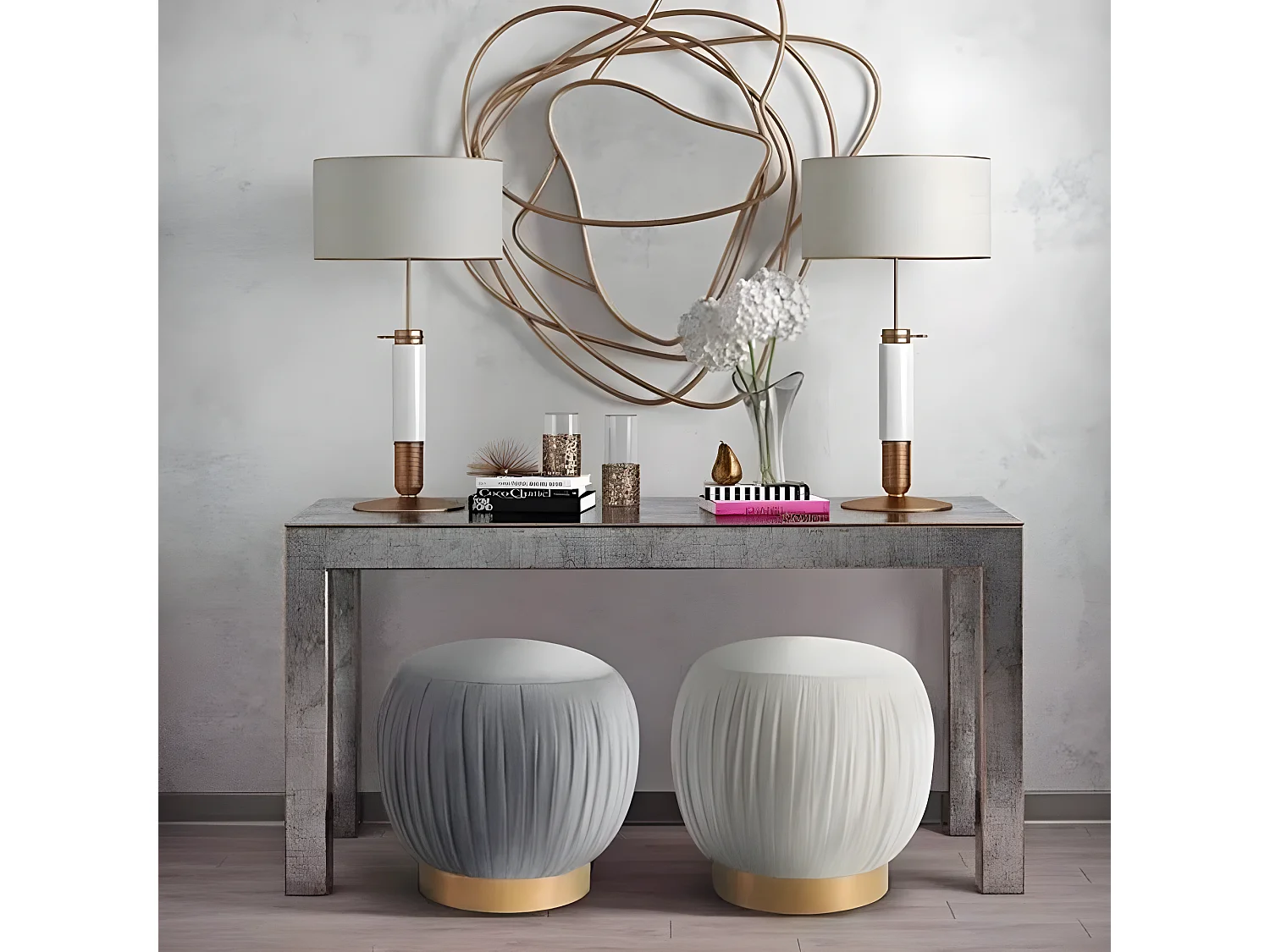 Pouf Velours Tissu Plissé Effet Laiton Lipton - Couleurs - Velours Gris