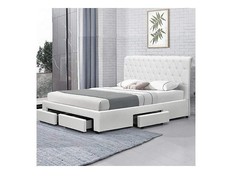 Lit Design Avec Rangement Tiroirs Hyde - Couleurs - Pu Blanc, Tailles - 160x200