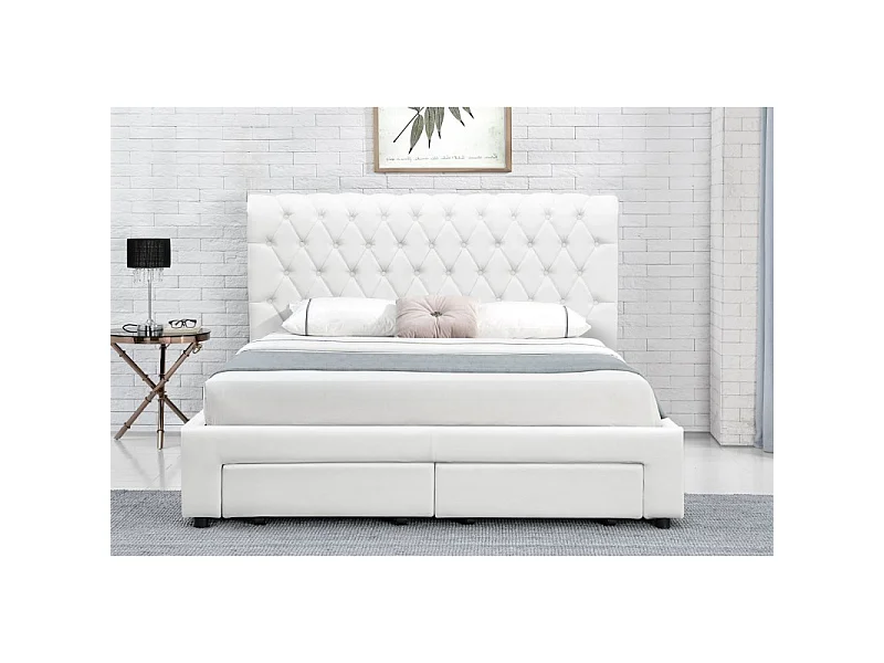 Lit Design Avec Rangement Tiroirs Hyde - Couleurs - Pu Blanc, Tailles - 160x200