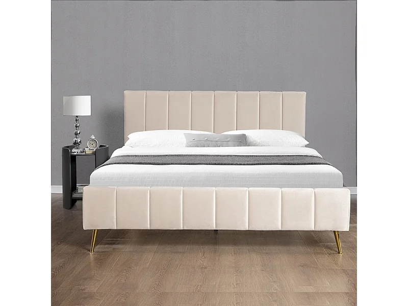 Lit Design Sommier Velours Pied Or Auster - Couleurs - Velours Beige, Tailles - 180x200