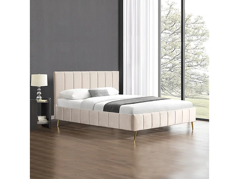 Lit Design Sommier Velours Pied Or Auster - Couleurs - Velours Beige, Tailles - 180x200