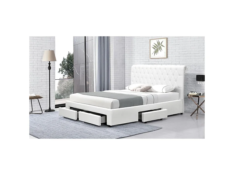 Lit Design Avec Rangement Tiroirs Hyde - Couleurs - Pu Blanc, Tailles - 140x190