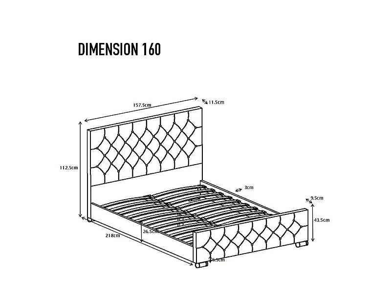 Lit Capitonné Grand Tête De Lit Focuse - Couleurs - Noir, Tailles - 160x200