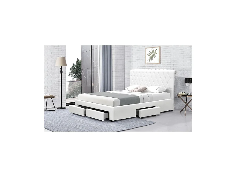 Lit Design Avec Rangement Tiroirs Hyde - Couleurs - Pu Blanc, Tailles - 180x200