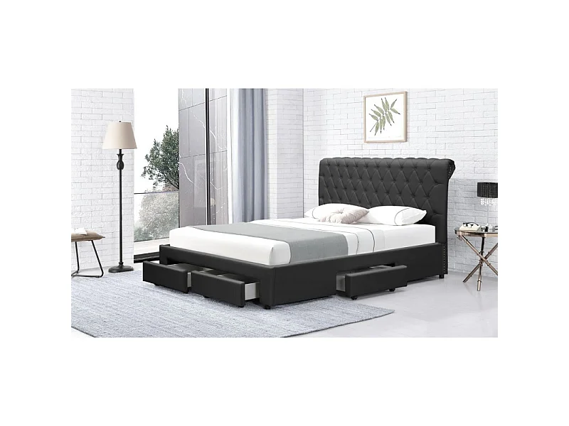 Lit Design Avec Rangement Tiroirs Hyde - Couleurs - Pu Noir, Tailles - 180x200