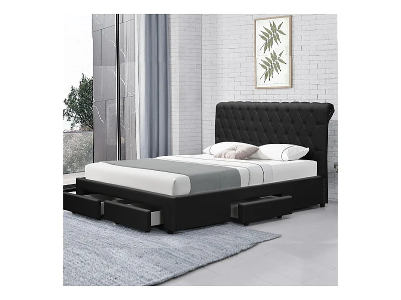 Lit Design Avec Rangement Tiroirs Hyde - Couleurs - Pu Noir, Tailles - 180x200