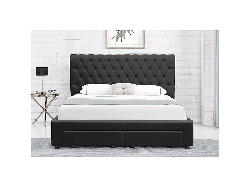 Lit Design Avec Rangement Tiroirs Hyde - Couleurs - Pu Noir, Tailles - 180x200