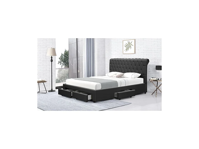 Lit Design Avec Rangement Tiroirs Hyde - Couleurs - Pu Noir, Tailles - 180x200