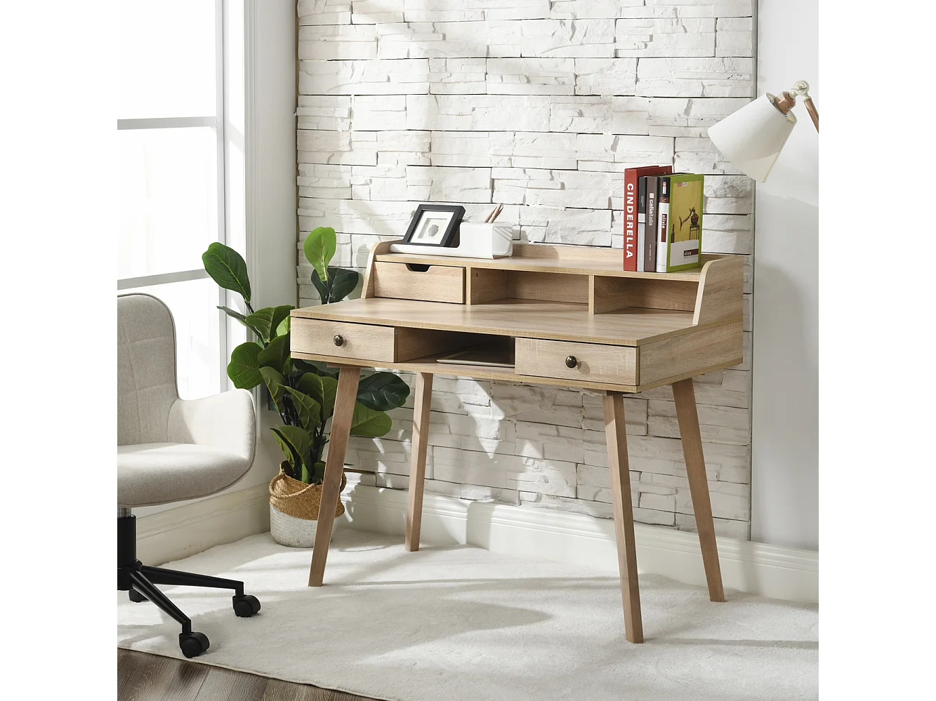 URBAN MEUBLE Bureau moderne couleur bois naturel avec tiroirs et rangement avec strcture en bois 105*55*75-90cm