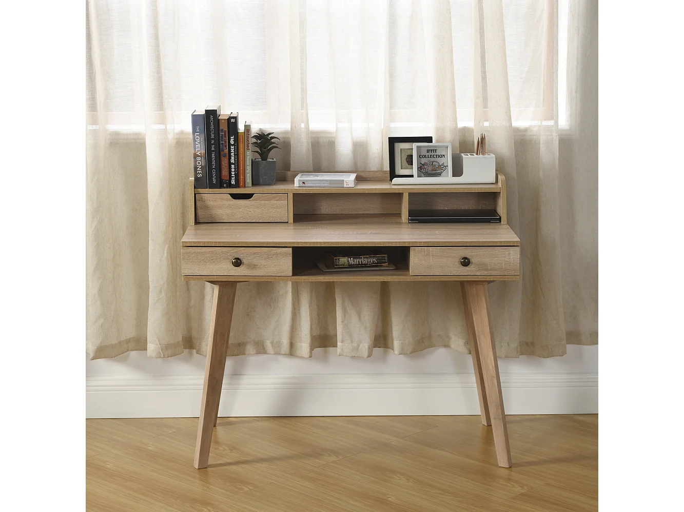 URBAN MEUBLE Bureau moderne couleur bois naturel avec tiroirs et rangement avec strcture en bois 105*55*75-90cm