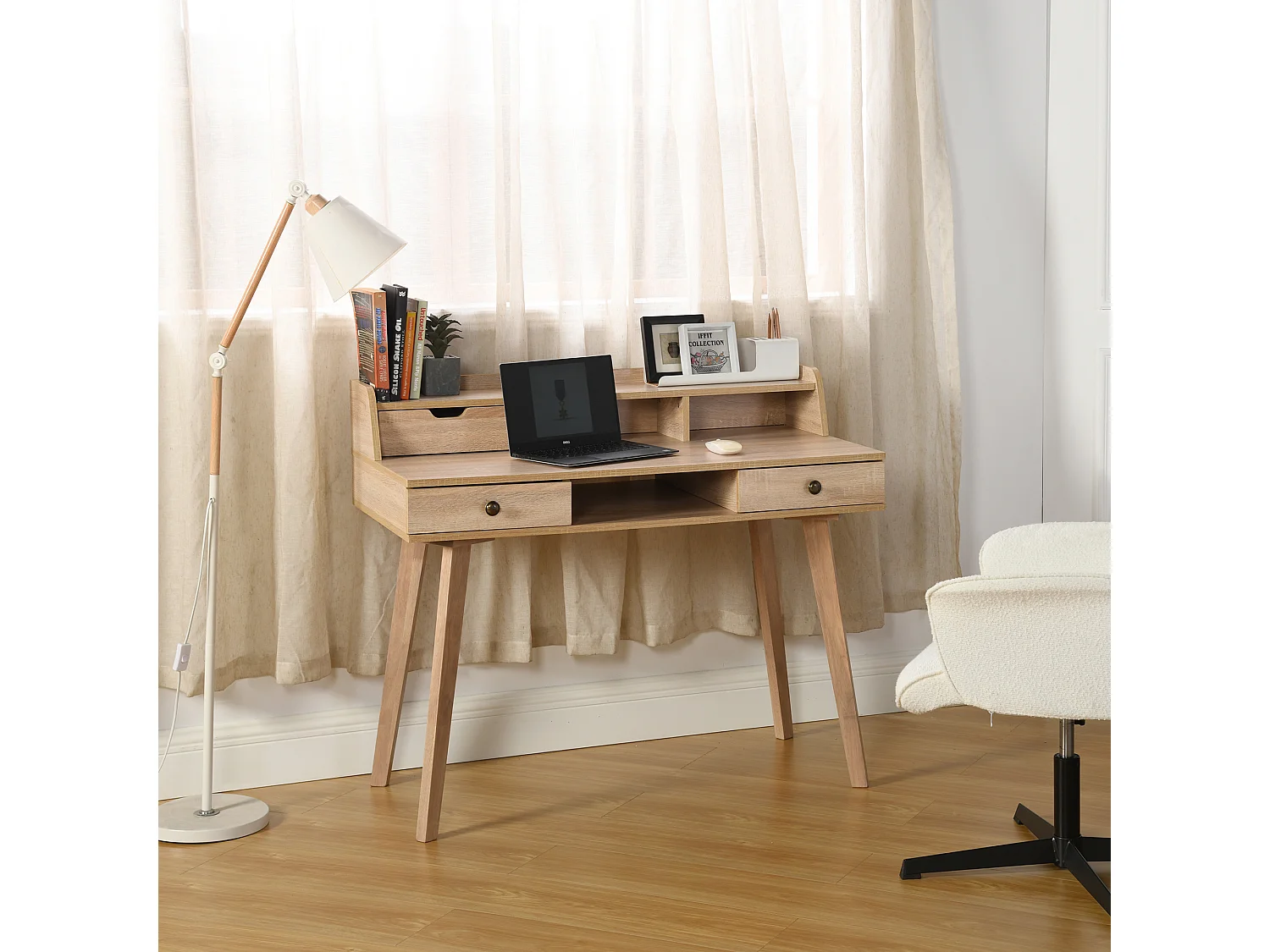 URBAN MEUBLE Bureau moderne couleur bois naturel avec tiroirs et rangement avec strcture en bois 105*55*75-90cm