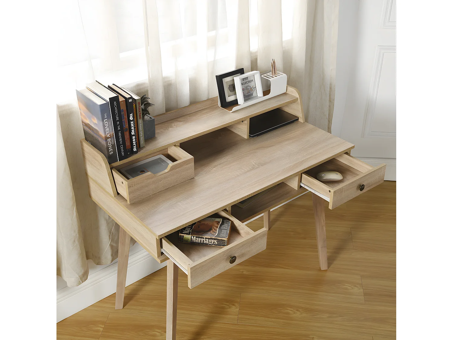 URBAN MEUBLE Bureau moderne couleur bois naturel avec tiroirs et rangement avec strcture en bois 105*55*75-90cm