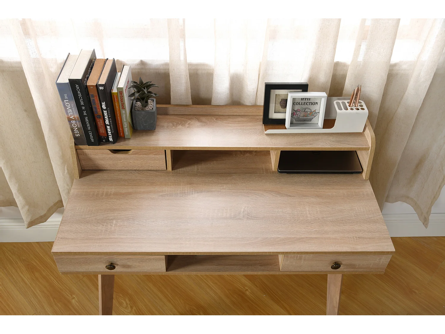 URBAN MEUBLE Bureau moderne couleur bois naturel avec tiroirs et rangement avec strcture en bois 105*55*75-90cm