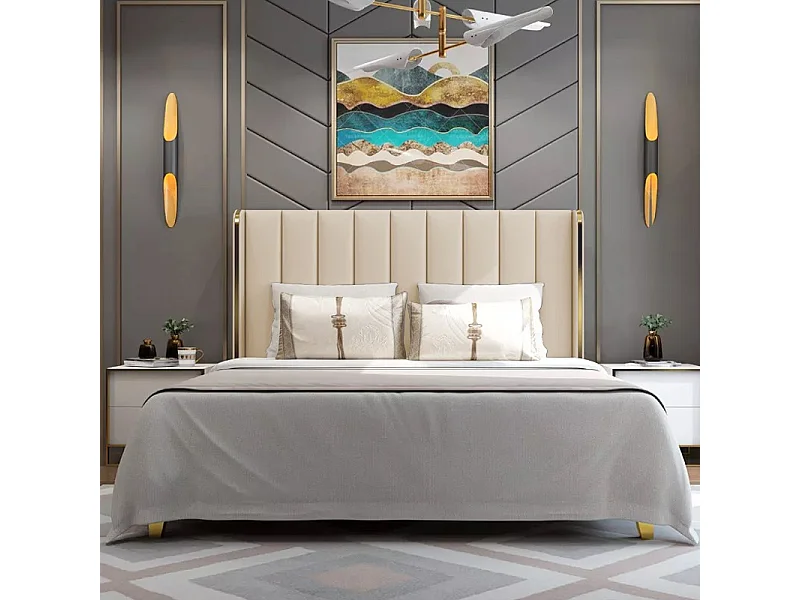 Lit Design Contour Or Avec Sommier Diana - Couleurs - Pu Beige, Tailles - 160x200