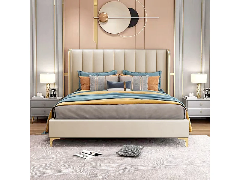 Lit Design Contour Or Avec Sommier Diana - Couleurs - Pu Beige, Tailles - 160x200