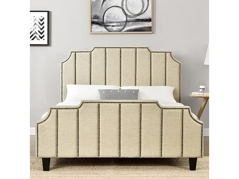 Lit Double En Tissu Design Tête Lit + Sommier Manchester - Couleurs - Beige, Tailles - 140x190