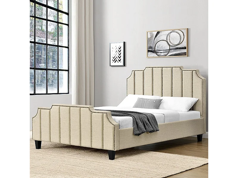 Lit Double En Tissu Design Tête Lit + Sommier Manchester - Couleurs - Beige, Tailles - 140x190