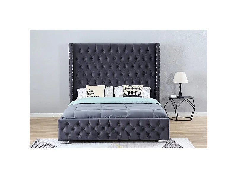 Lit Design Grande Tête De Lit Lia - Couleurs - Velours Gris, Tailles - 140x190