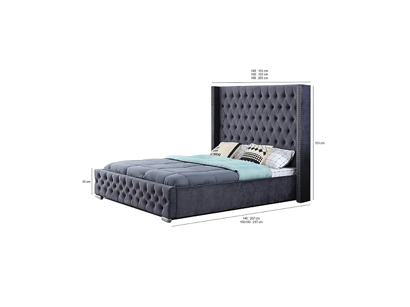 Lit Design Grande Tête De Lit Lia - Couleurs - Velours Gris, Tailles - 140x190