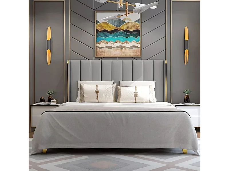 Lit Design Contour Or Avec Sommier Diana - Couleurs - Pu Gris, Tailles - 180x200