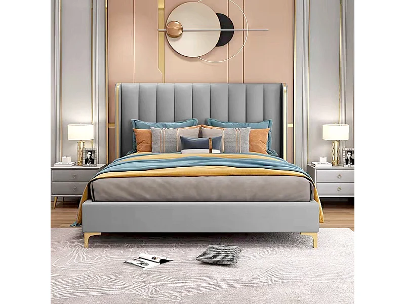 Lit Design Contour Or Avec Sommier Diana - Couleurs - Pu Gris, Tailles - 180x200