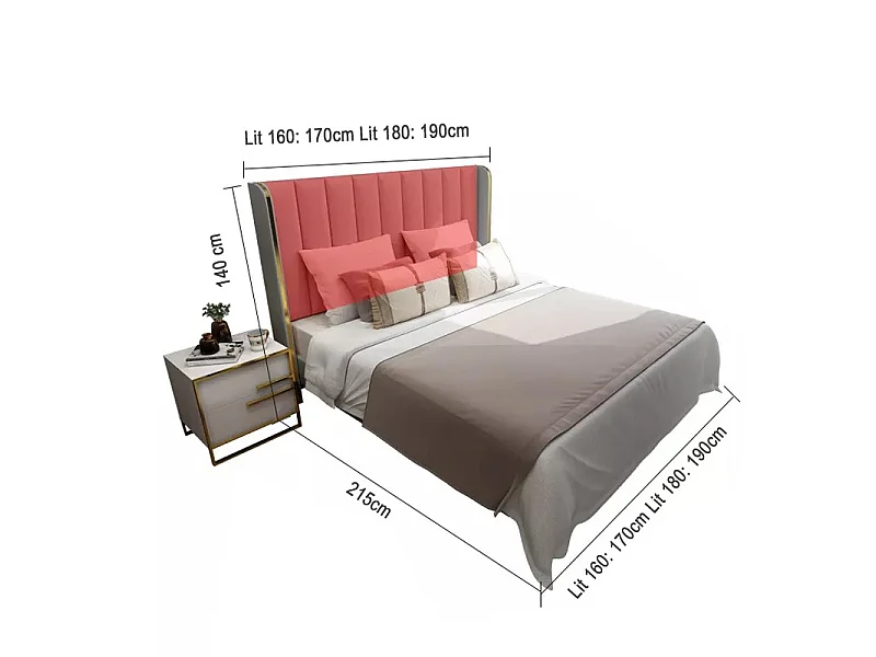 Lit Design Contour Or Avec Sommier Diana - Couleurs - Pu Gris, Tailles - 180x200