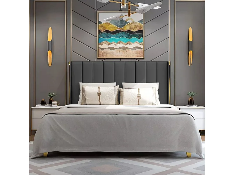 Lit Design Contour Or Avec Sommier Diana - Couleurs - Pu Noir, Tailles - 160x200