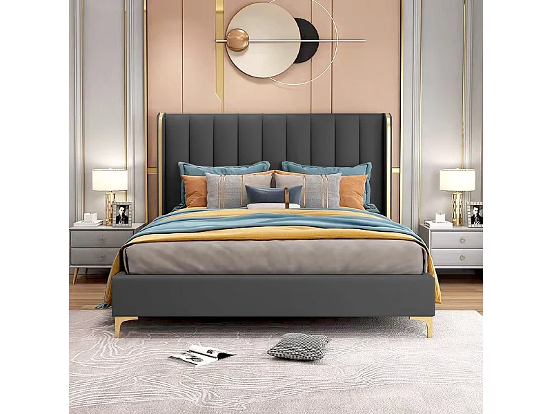 Lit Design Contour Or Avec Sommier Diana - Couleurs - Pu Noir, Tailles - 160x200