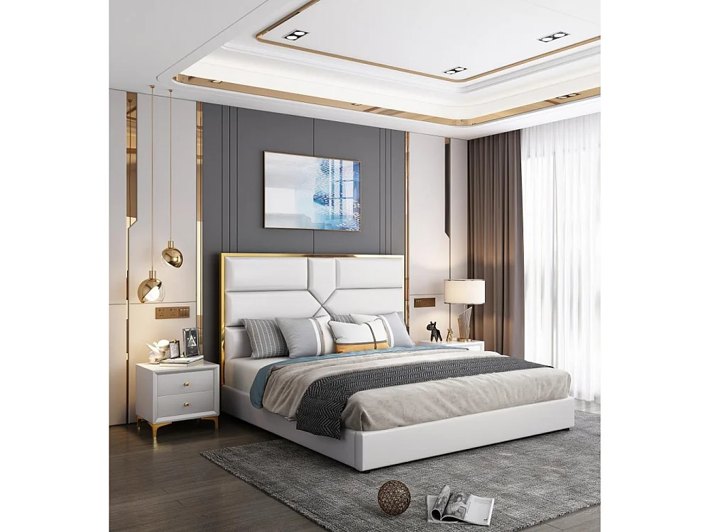 Lit Coffre Design Effet Laiton Dalia - Couleurs - Blanc, Tailles - 140x190