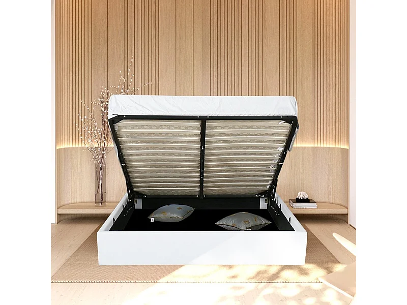 Lit Coffre Design Effet Laiton Dalia - Couleurs - Blanc, Tailles - 140x190