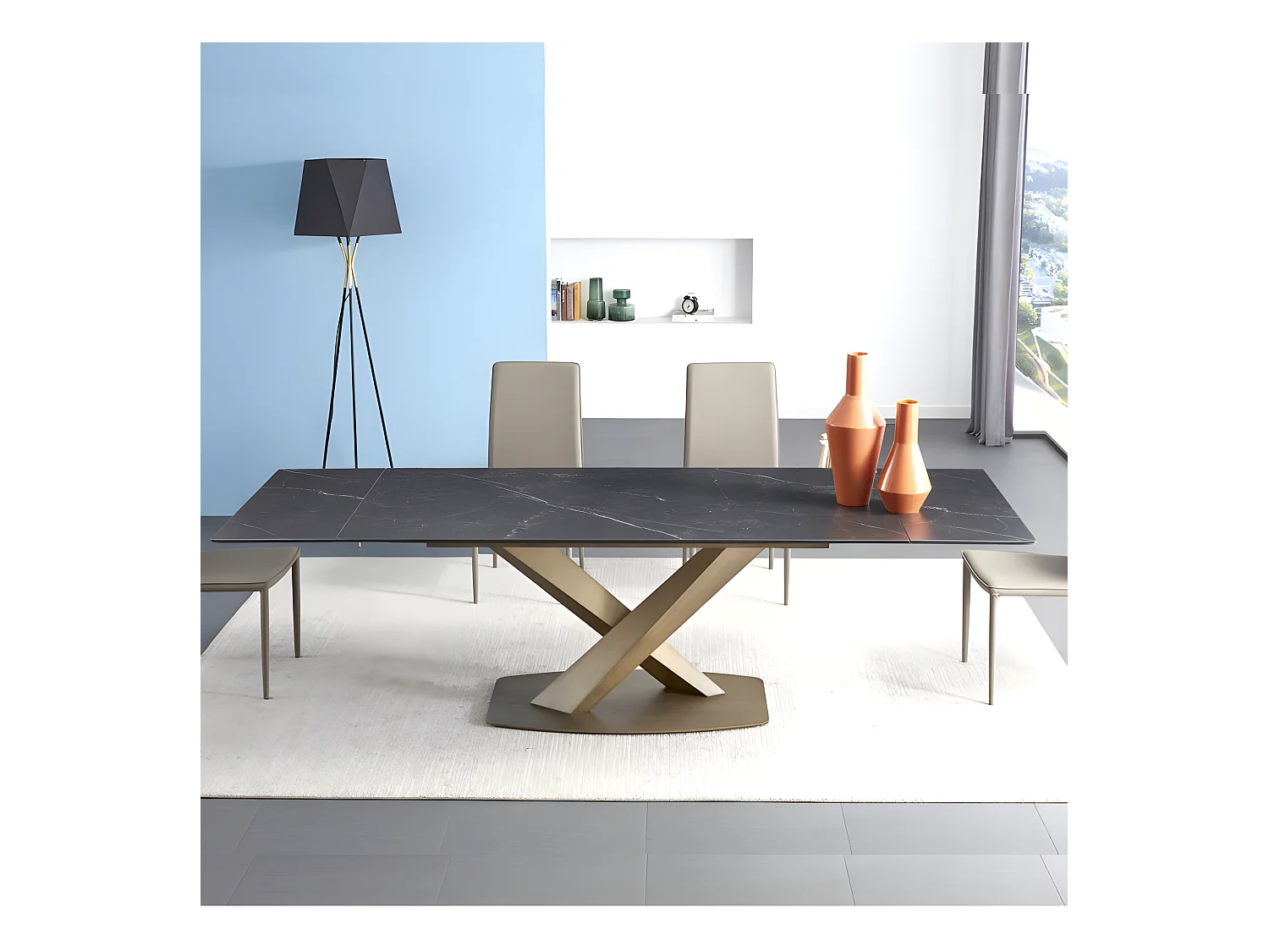 Table À Manger Extensible Céramique Aspect Marbre Carla - Couleurs - Céramique Marbre Noir Pied Or,