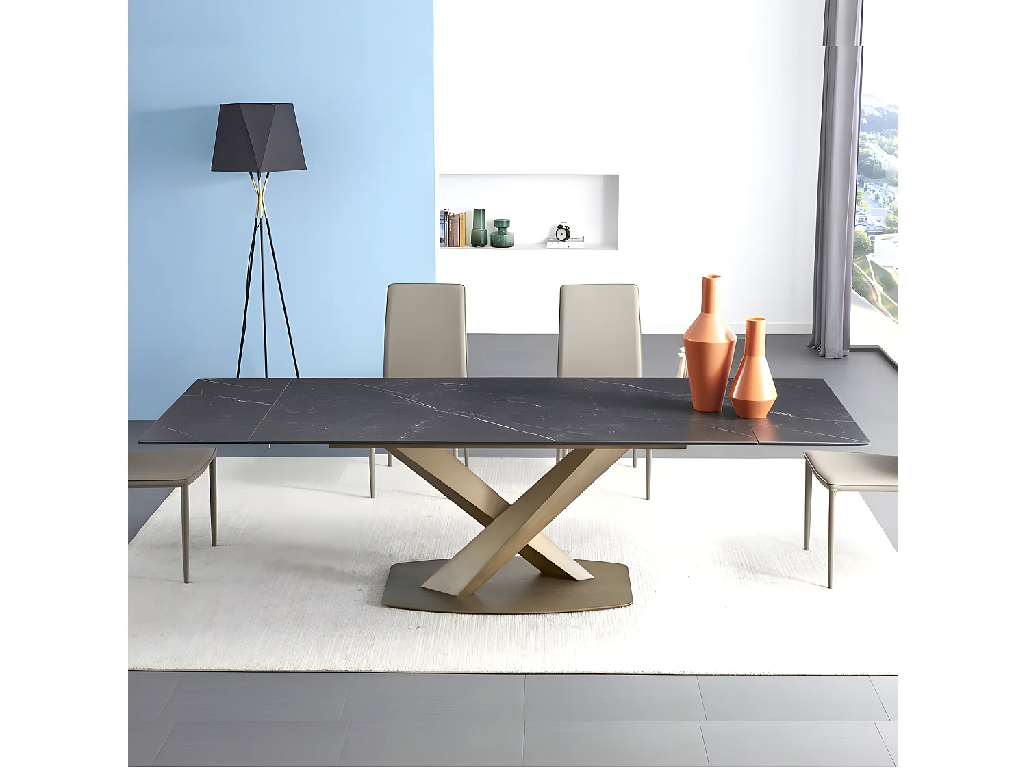 Table À Manger Extensible Céramique Aspect Marbre Carla - Couleurs - Céramique Marbre Noir Pied Or,