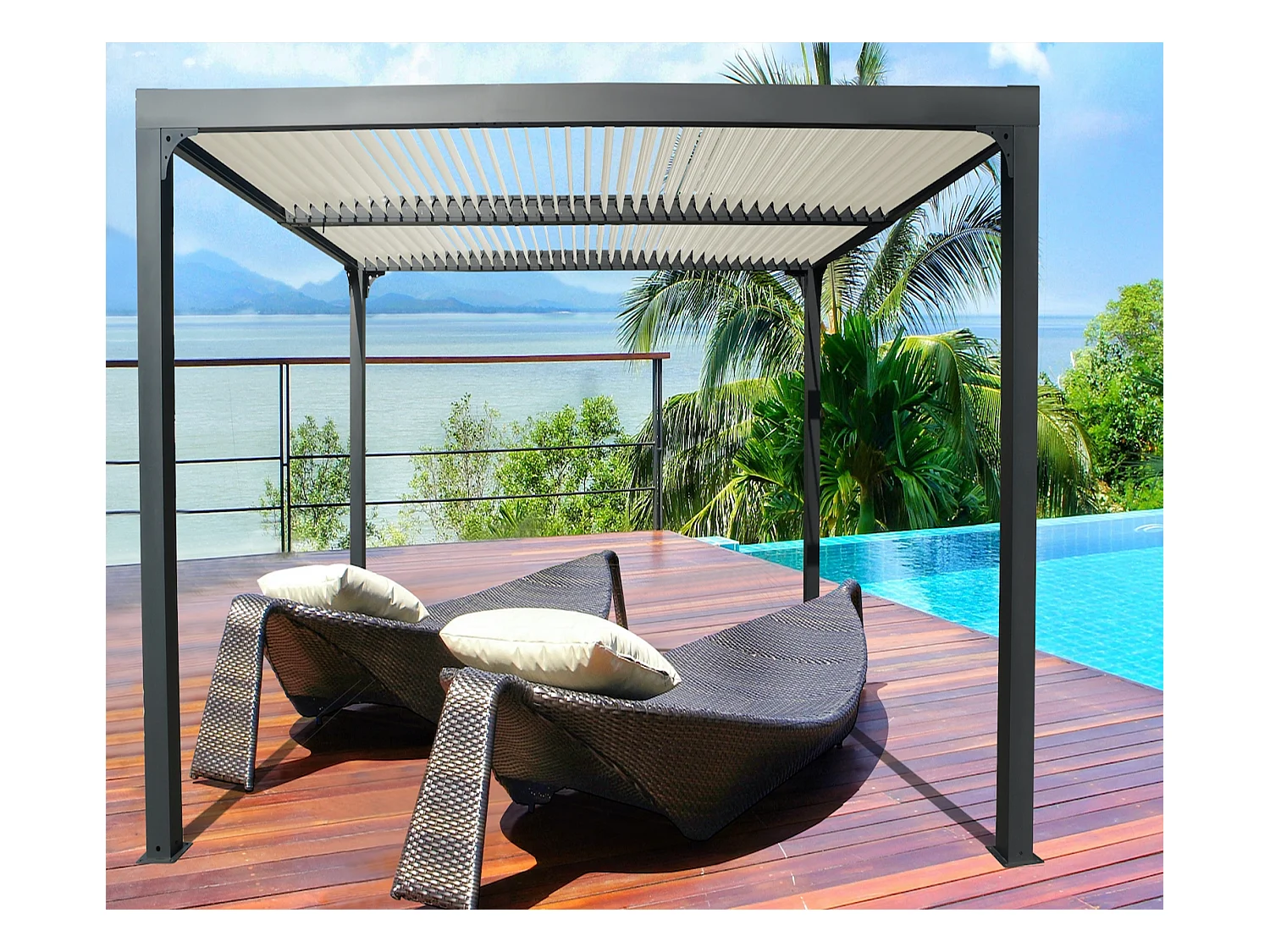 Pergola bioclimatique ALUMINIUM coloris gris anthracite ventelles écru