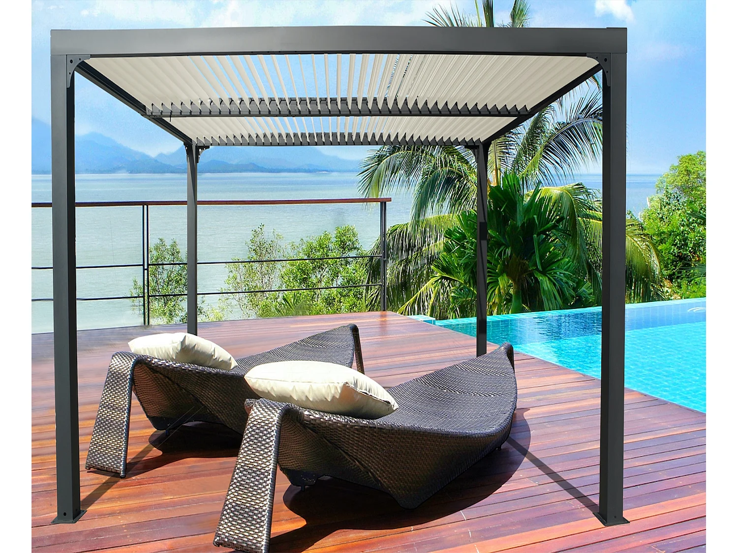 Pergola bioclimatique ALUMINIUM coloris gris anthracite ventelles écru