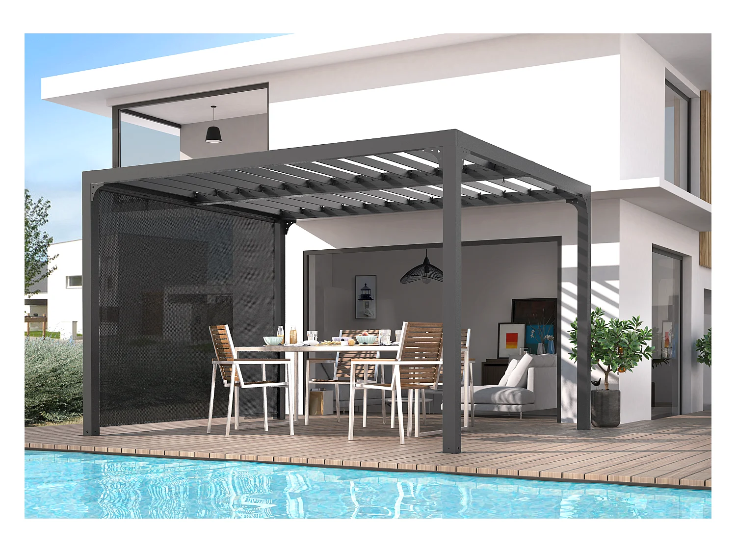Pergola bioclimatique structure ALUMINIUM ouverture manuelle avec rideau manuel coloris gris pour côté 3 m