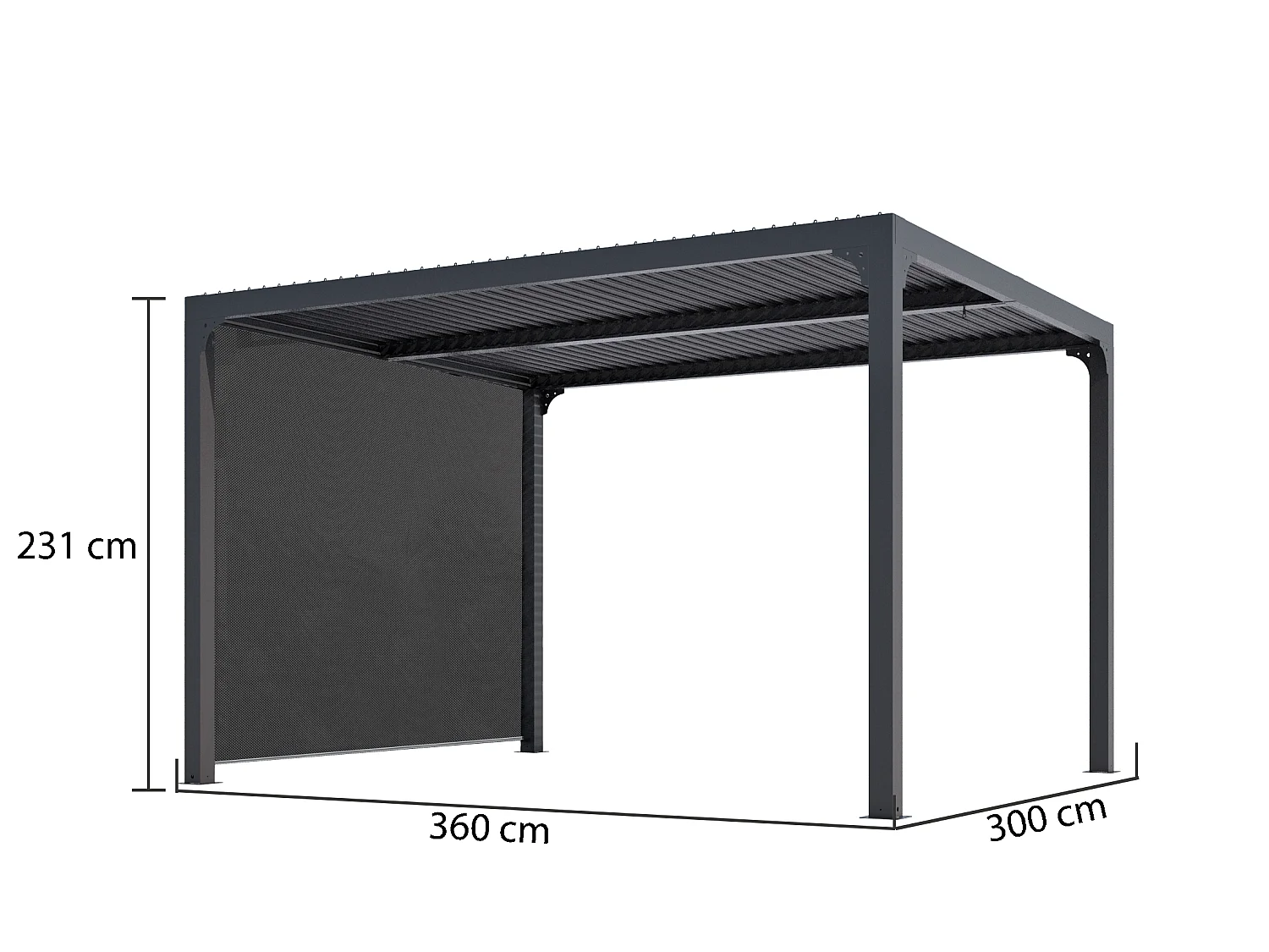 Pergola bioclimatique structure ALUMINIUM ouverture manuelle avec rideau manuel coloris gris pour côté 3 m