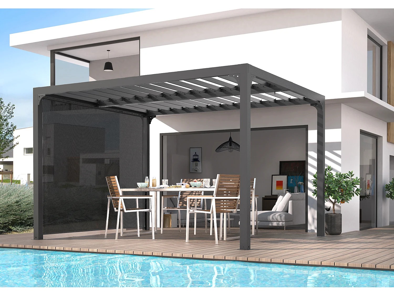Pergola bioclimatique structure ALUMINIUM ouverture manuelle avec rideau manuel coloris gris pour côté 3 m