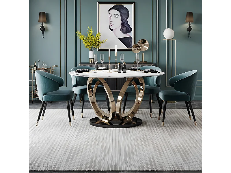 Table À Manger Rond Céramique Effet Marbre Blanc Pied Couleur Or Alliance