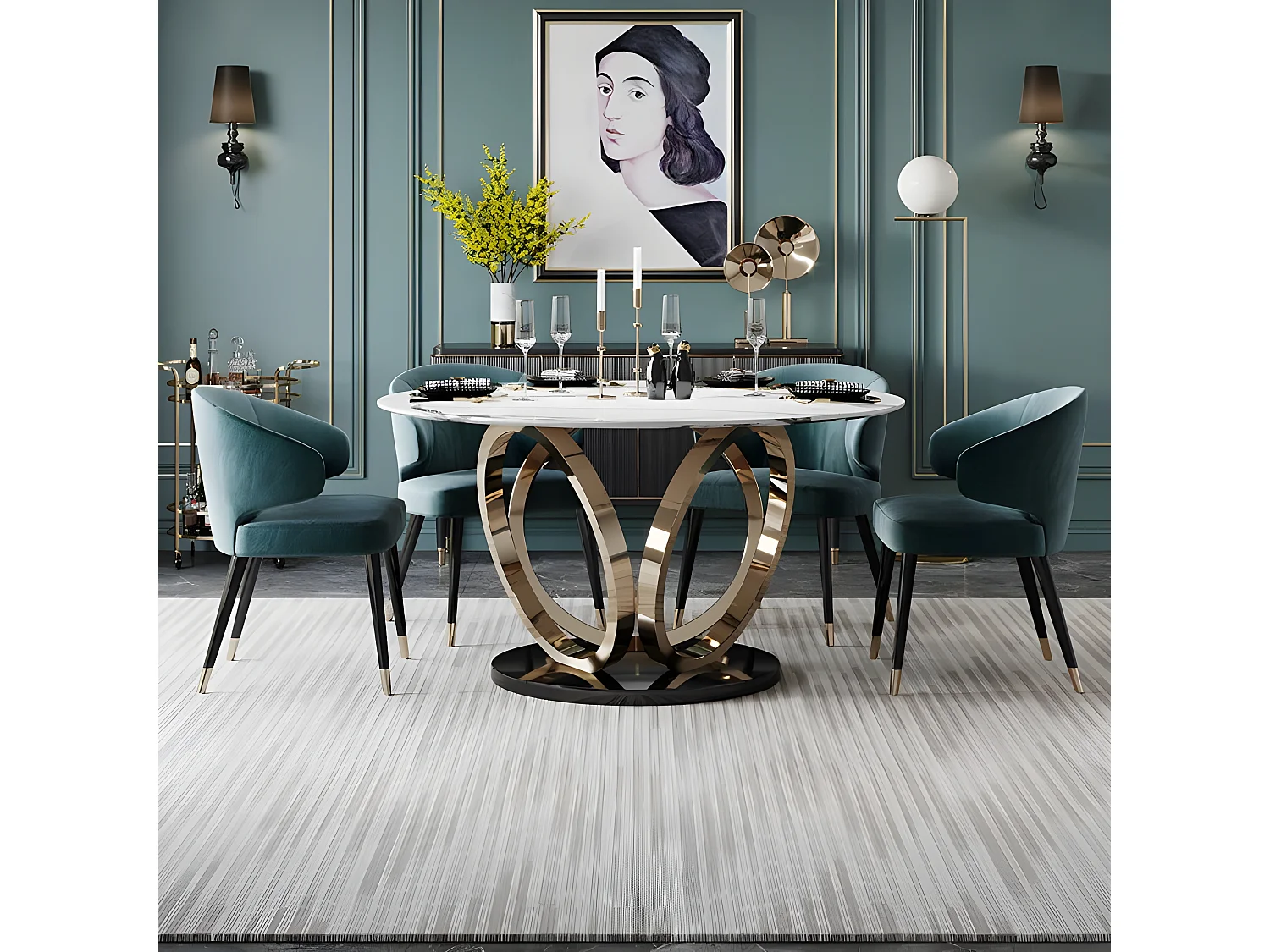 Table À Manger Rond Céramique Effet Marbre Blanc Pied Couleur Or Alliance