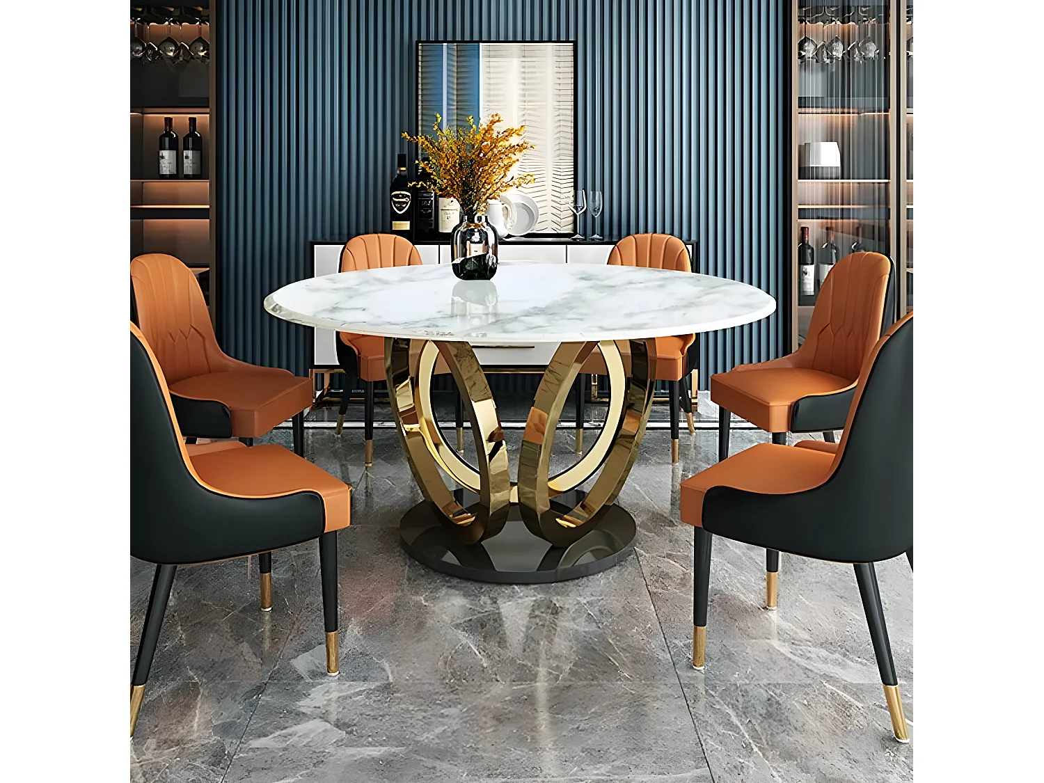 Table À Manger Rond Céramique Effet Marbre Blanc Pied Couleur Or Alliance