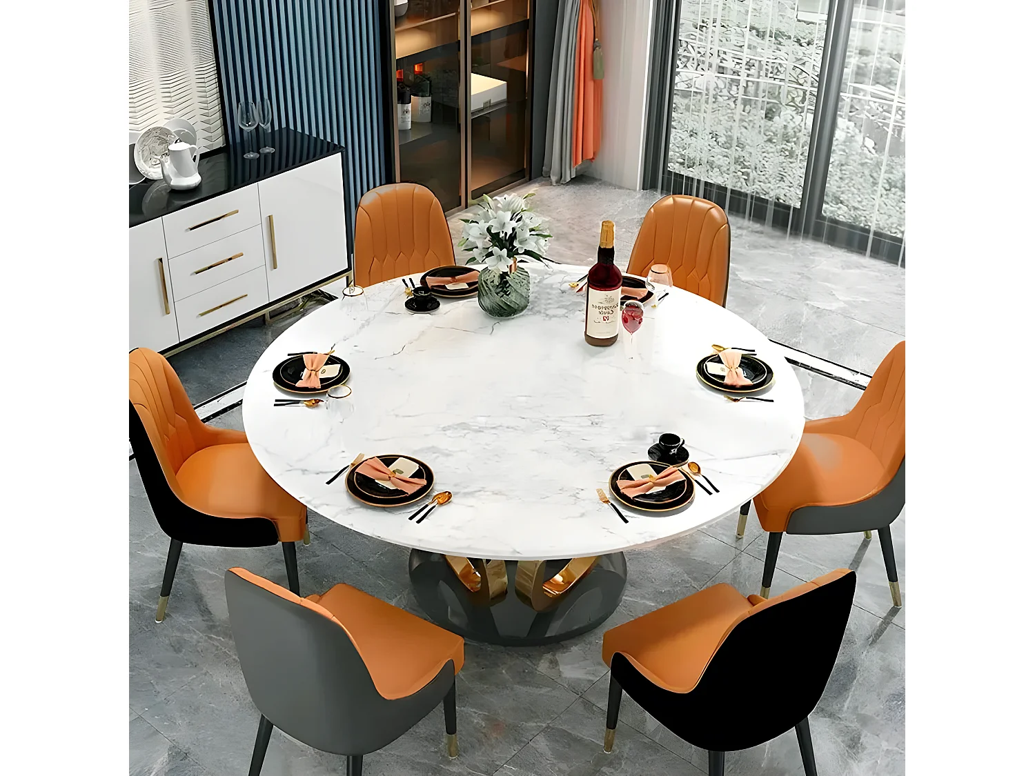 Table À Manger Rond Céramique Effet Marbre Blanc Pied Couleur Or Alliance