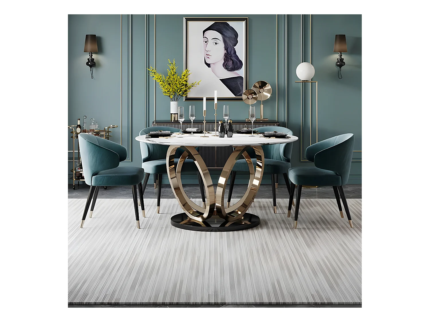 Table À Manger Rond Céramique Effet Marbre Blanc Pied Couleur Or Alliance