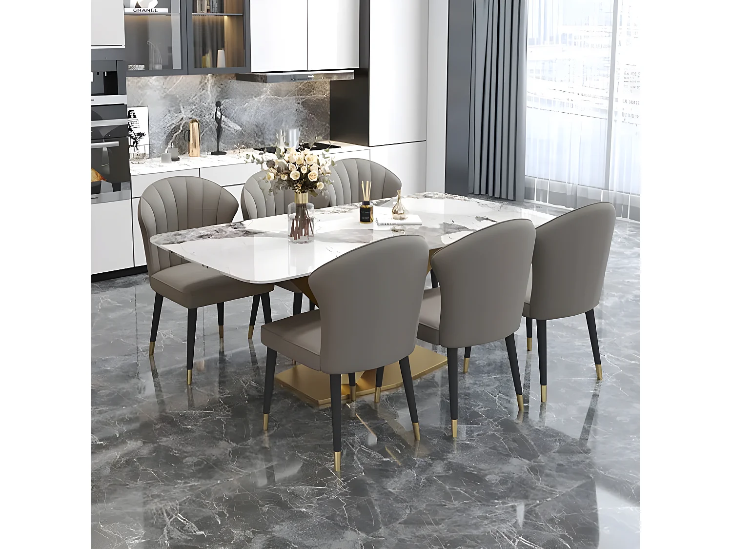 Table À Manger Céramique Effet Marbre Blanc Pied Couleur Or Liame