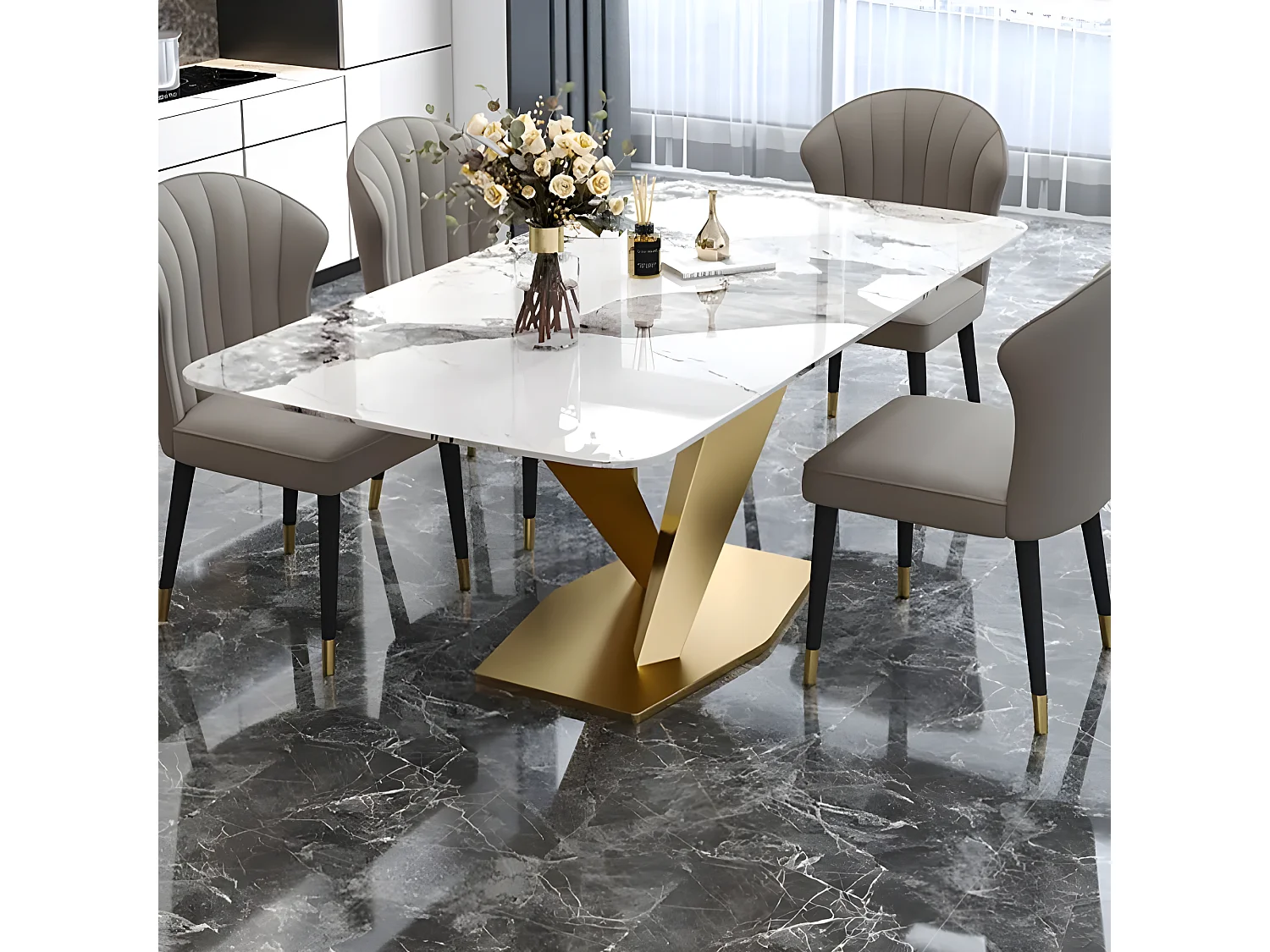 Table À Manger Céramique Effet Marbre Blanc Pied Couleur Or Liame