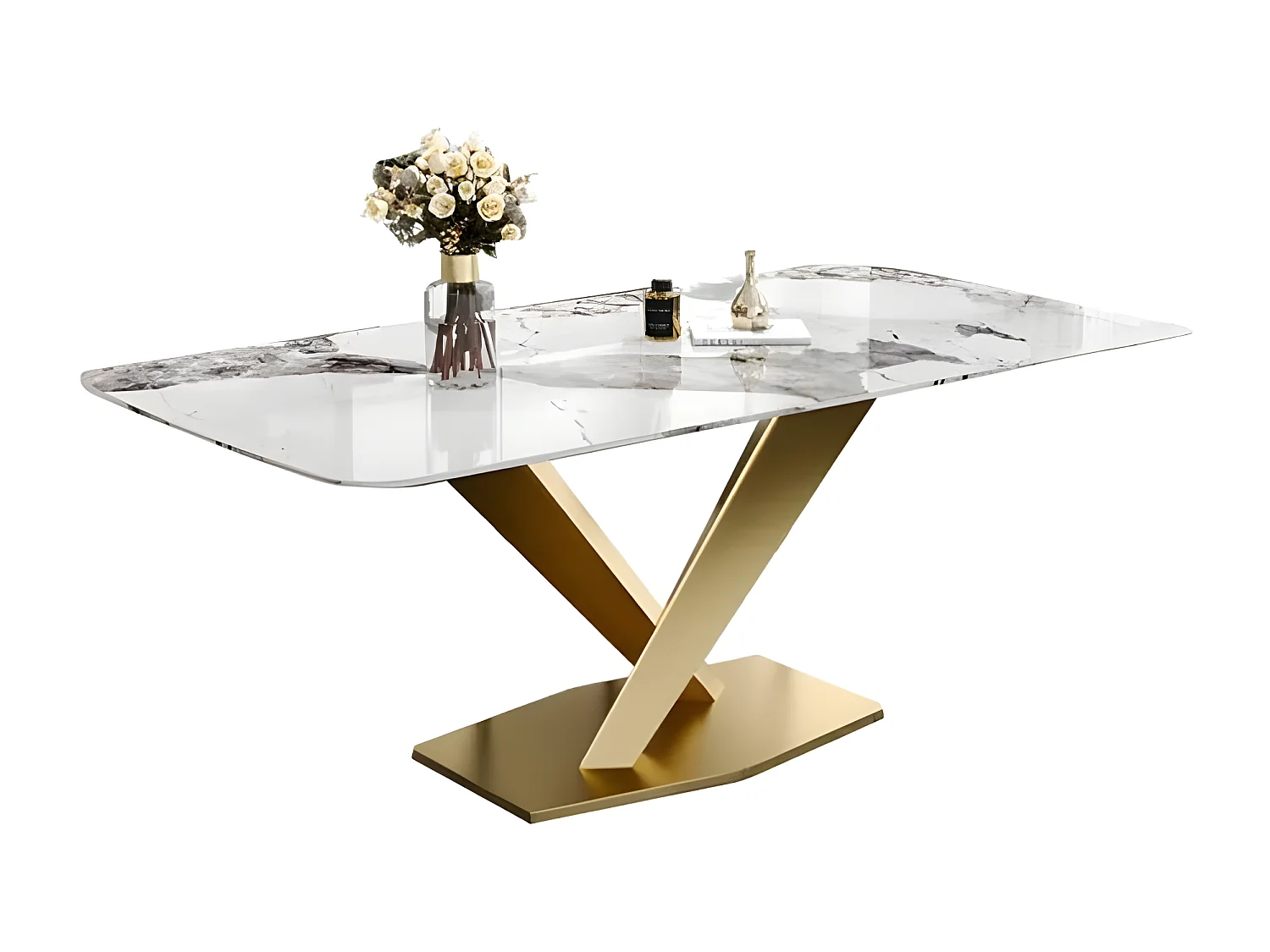 Table À Manger Céramique Effet Marbre Blanc Pied Couleur Or Liame