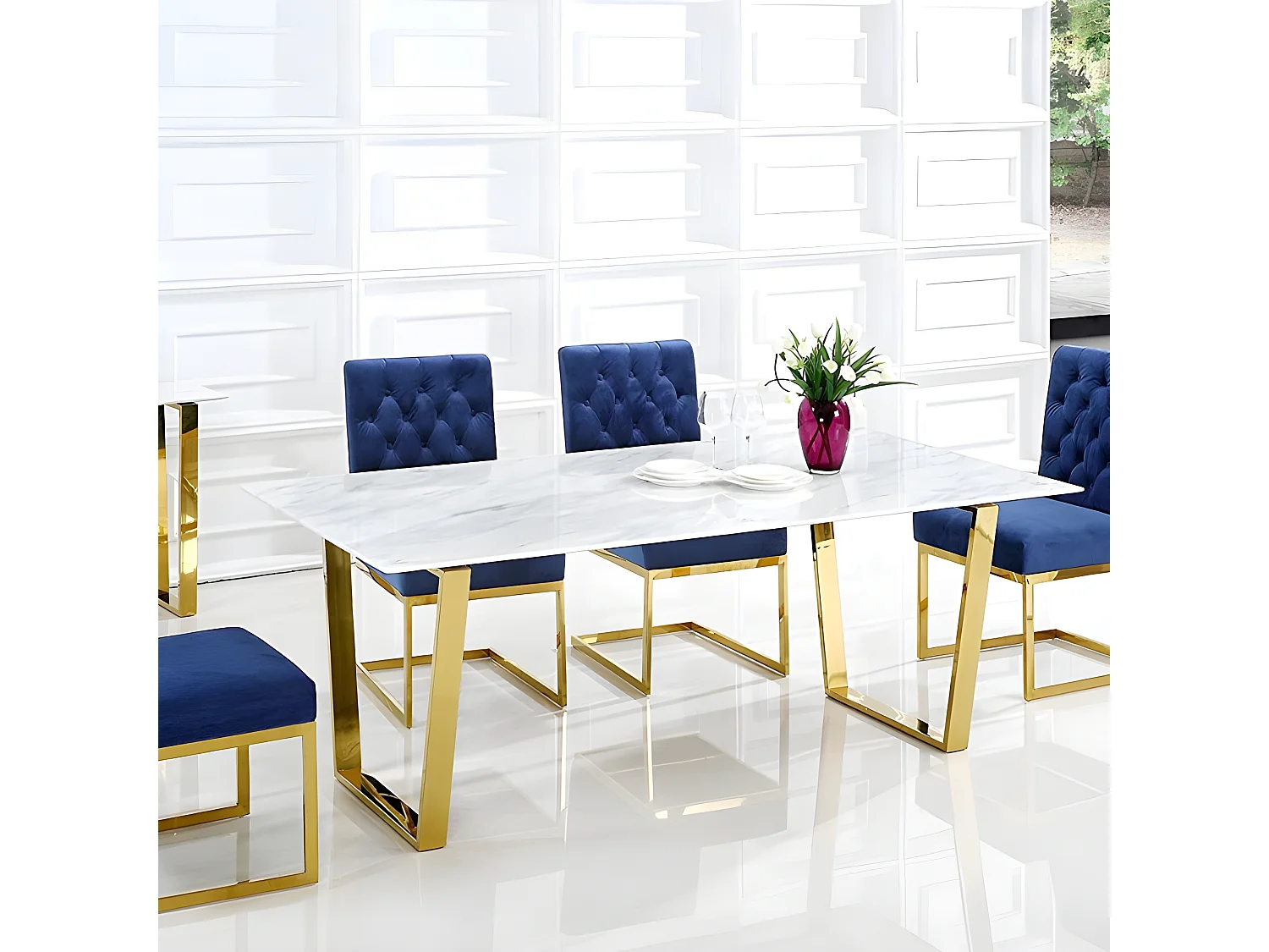 Table À Manger Céramique Effet Marbre Blanc Pied Couleur Or Liv