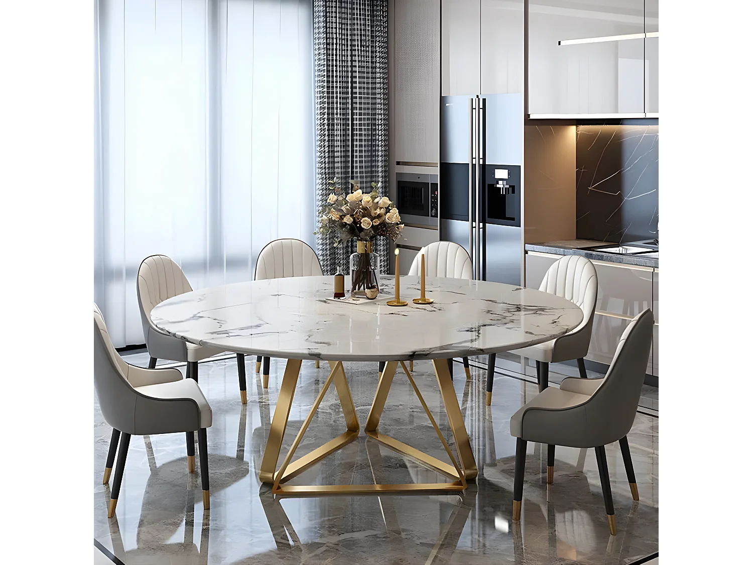 Table De Salle À Manger Ronde Moderne Effet Marbre Blanc Et Pied Doré Dorone