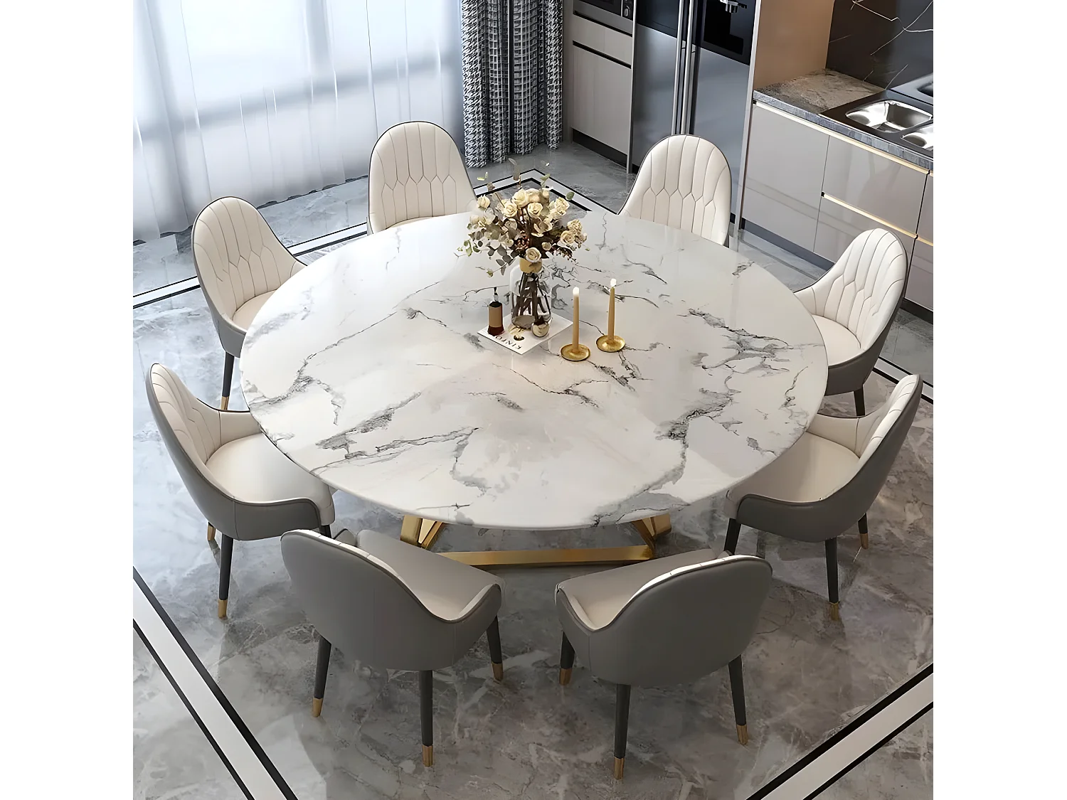 Table De Salle À Manger Ronde Moderne Effet Marbre Blanc Et Pied Doré Dorone