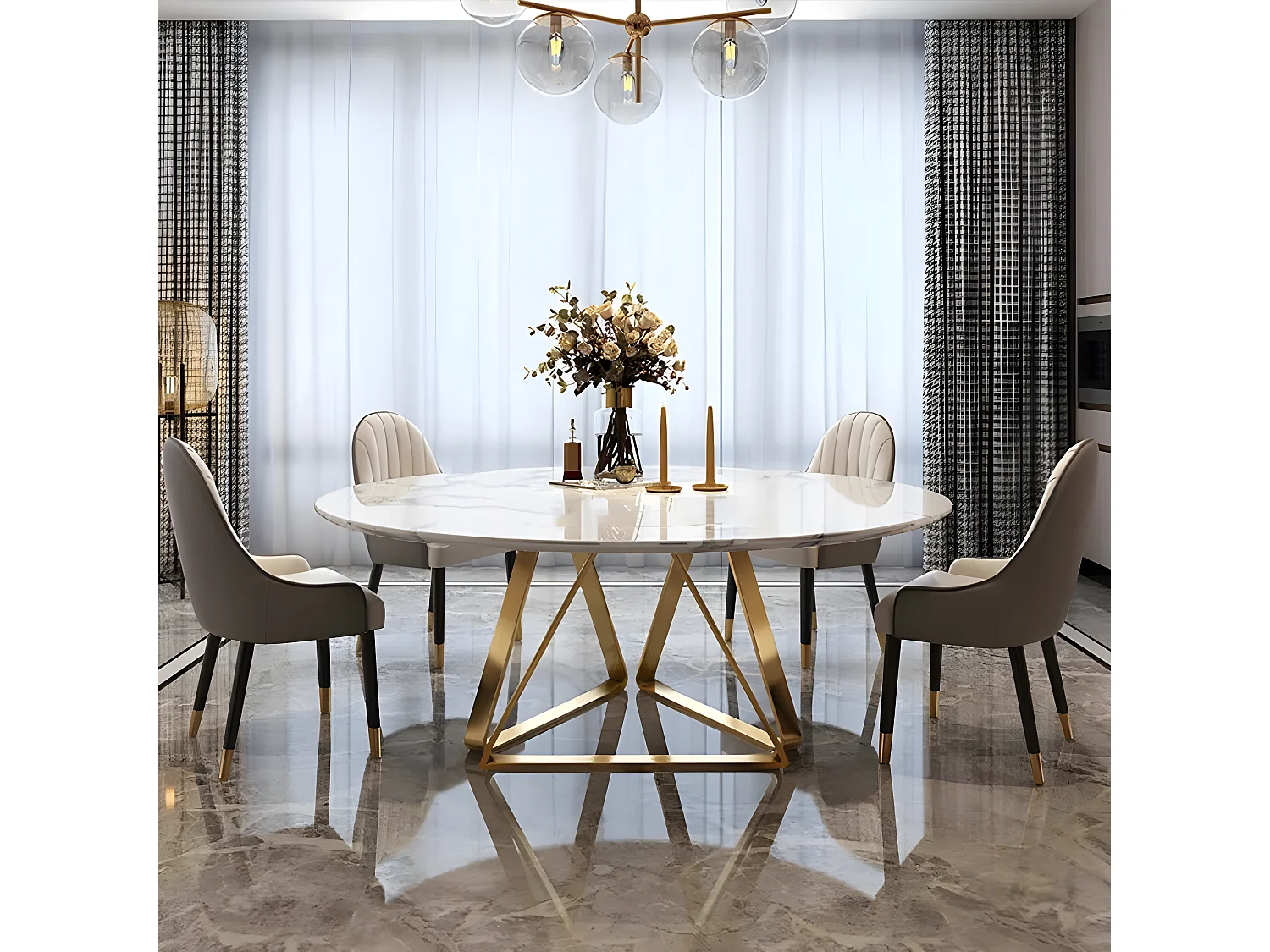 Table De Salle À Manger Ronde Moderne Effet Marbre Blanc Et Pied Doré Dorone